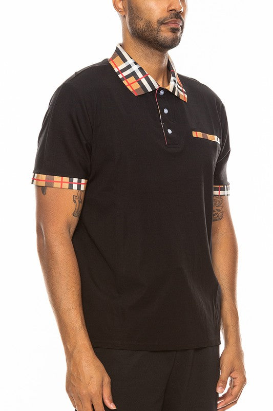 WEIV mens checkered plaid polo shirt with black body and checkered collar and sleeve trim