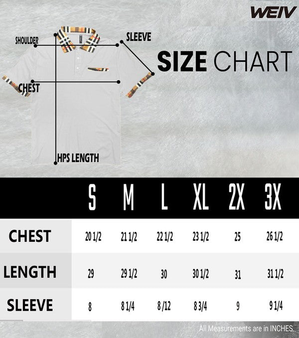 WEIV size chart for mens checkered plaid polo shirt showing chest length and sleeve measurements
