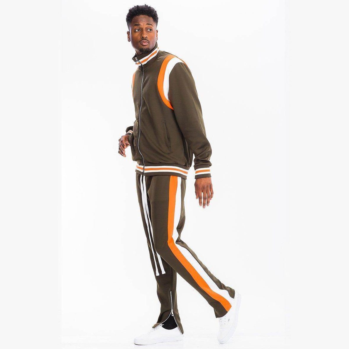 Mens Chevy Track Suit in Olive with Orange Stripes for Stylish Athletic Wear