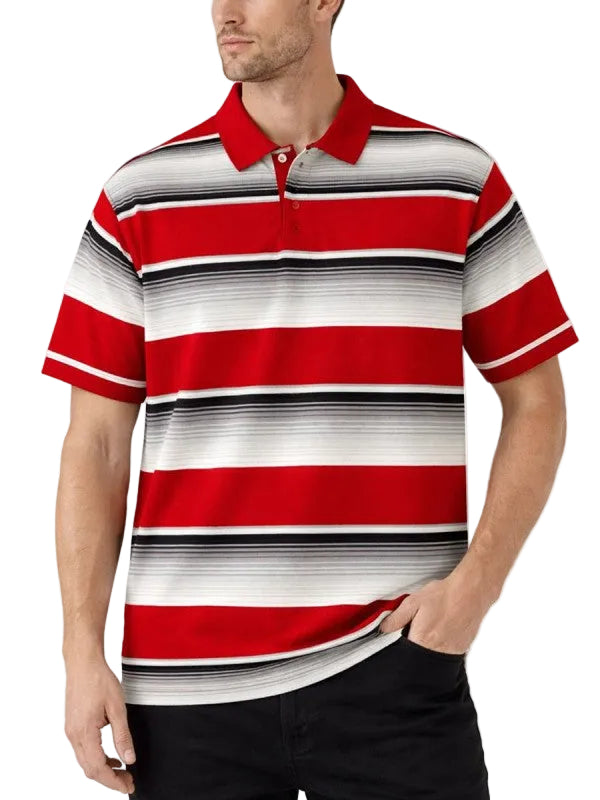 Men's colorful striped polo shirt in red and black, perfect for casual outings