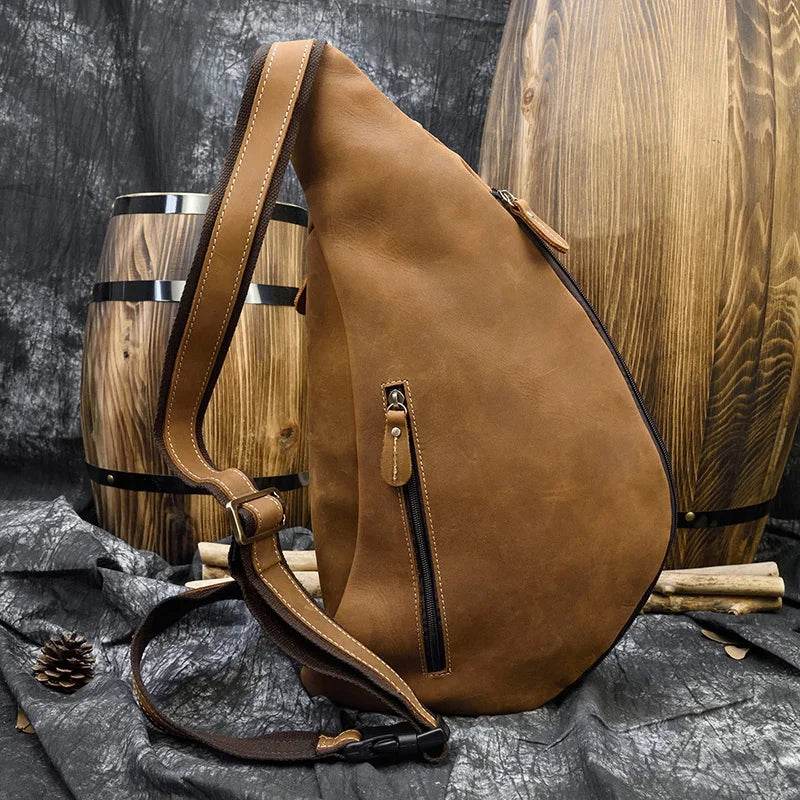 men's crazy horse leather chest bag, stylish and functional