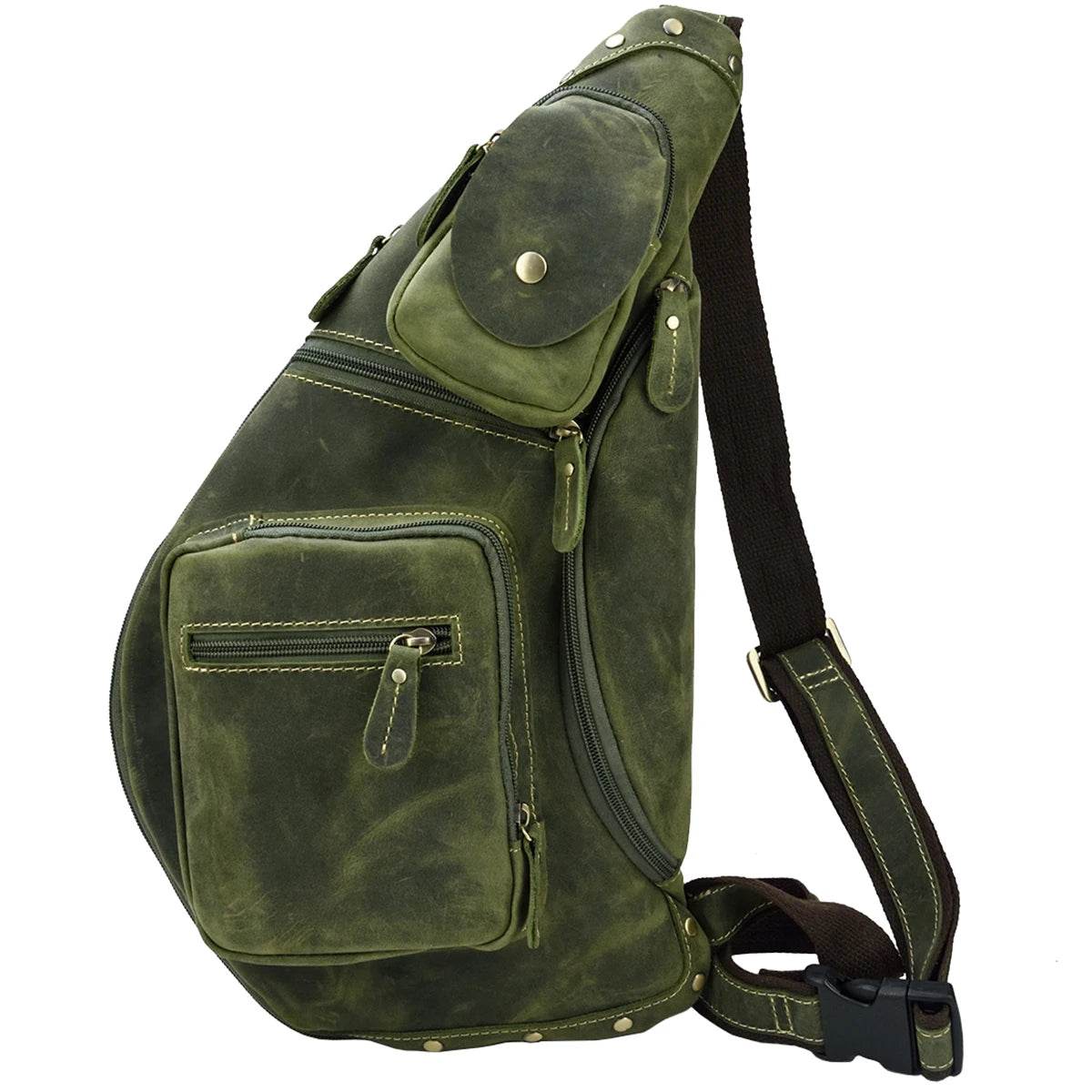 men's crazy horse leather chest bag in olive green for travel