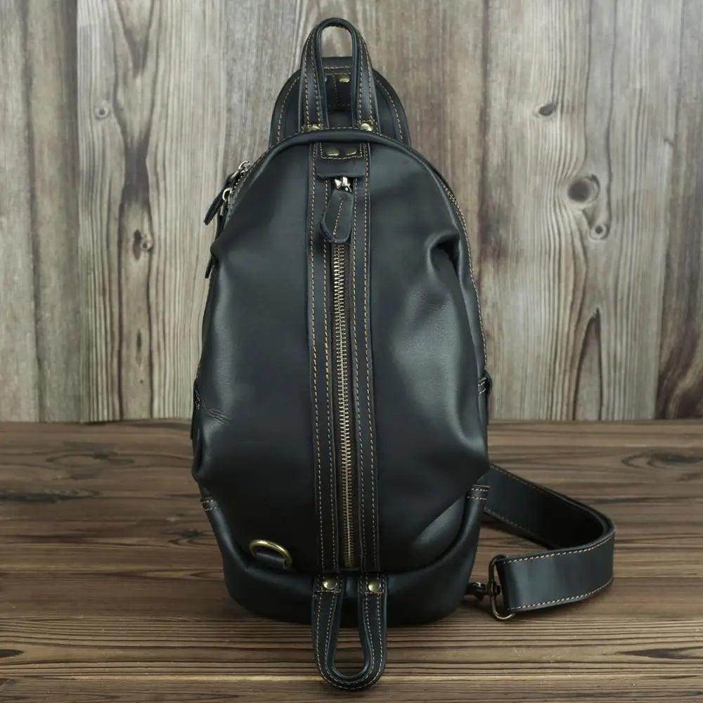 Mens Crazy Horse Leather Chest Bag Single Shoulder - VacationGrabs