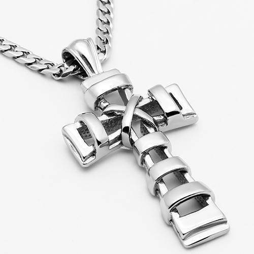 Men's cross necklace high polished with a sleek silver design and chain for stylish accessorizing