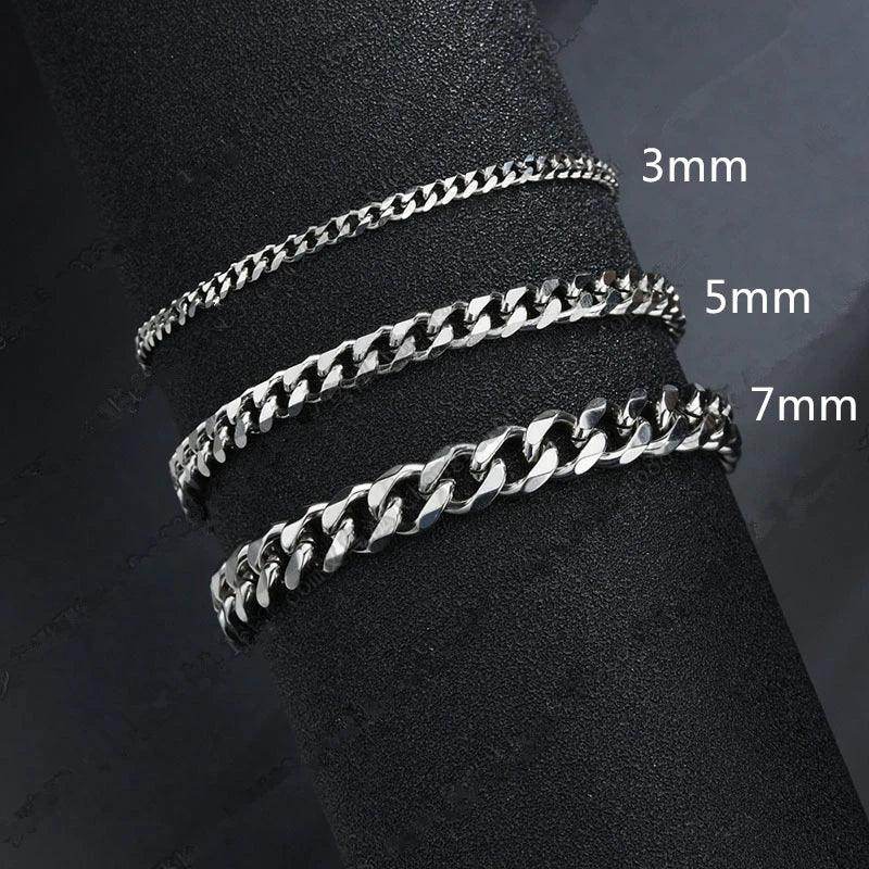Men's Cuban chain bracelet assortment featuring 3mm, 5mm, and 7mm width options