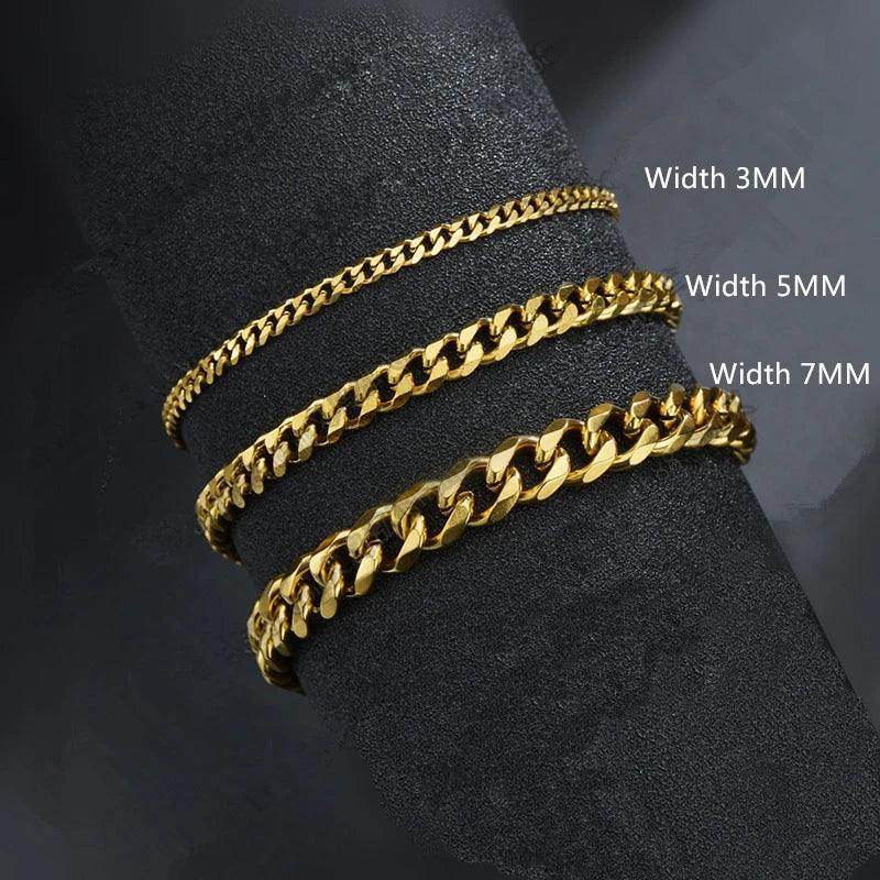Gold mens Cuban chain bracelet in three widths: 3mm, 5mm, and 7mm for stylish men's accessories