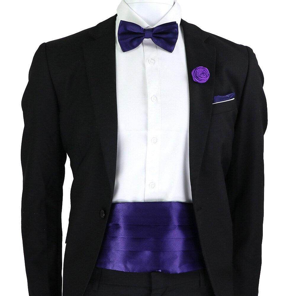 Mens Cummerbund Bow Tie Brooch Set Black Red Blue - VacationGrabs