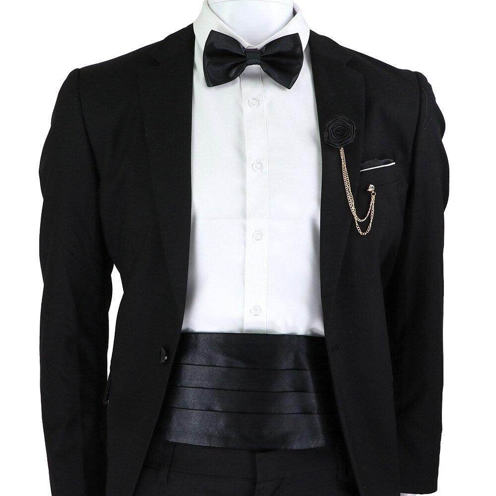 Mens Cummerbund Bow Tie Brooch Set Black Red Blue - VacationGrabs