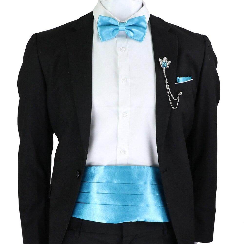 Mens Cummerbund Bow Tie Brooch Set Black Red Blue - VacationGrabs