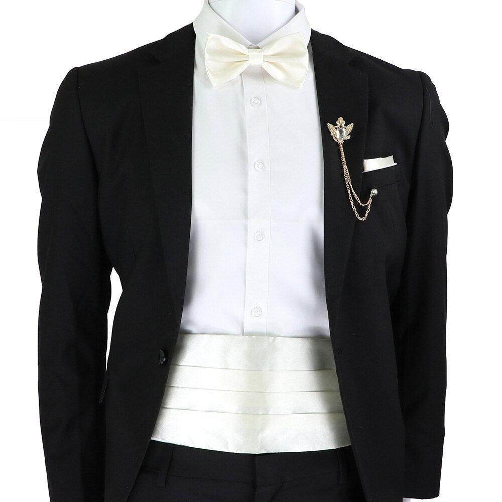 Mens Cummerbund Bow Tie Brooch Set Black Red Blue - VacationGrabs