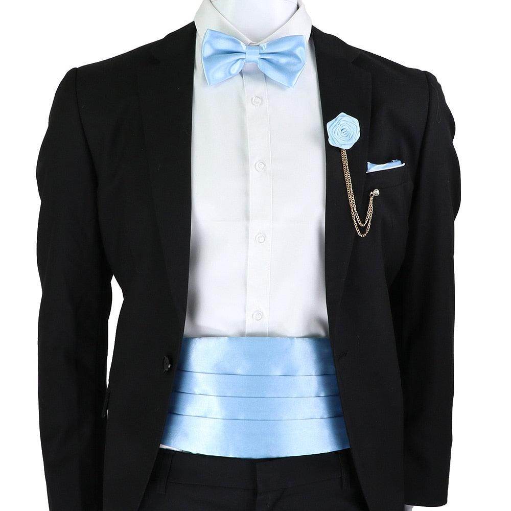 Mens Cummerbund Bow Tie Brooch Set Black Red Blue - VacationGrabs