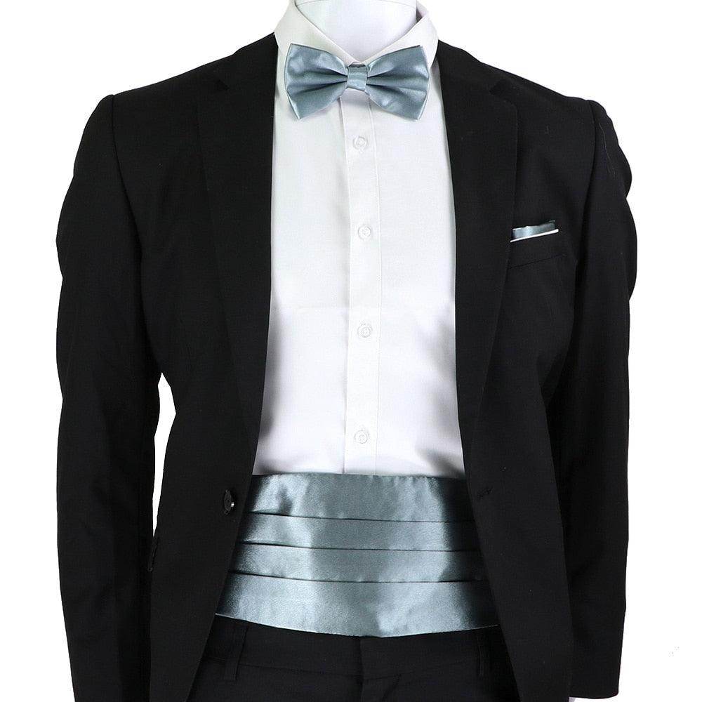 Mens Cummerbund Bow Tie Brooch Set Black Red Blue - VacationGrabs