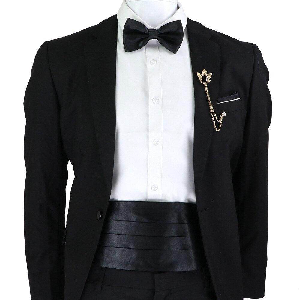 Mens Cummerbund Bow Tie Brooch Set Black Red Blue - VacationGrabs