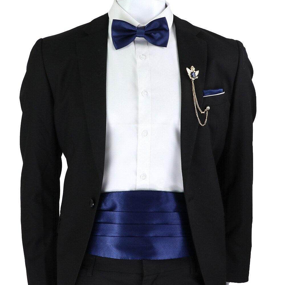Mens Cummerbund Bow Tie Brooch Set Black Red Blue - VacationGrabs