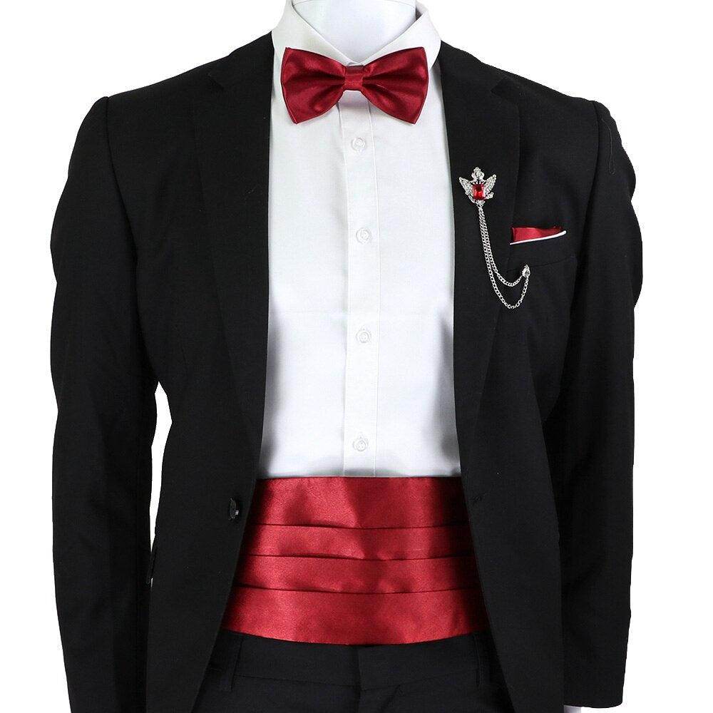 Mens Cummerbund Bow Tie Brooch Set Black Red Blue - VacationGrabs