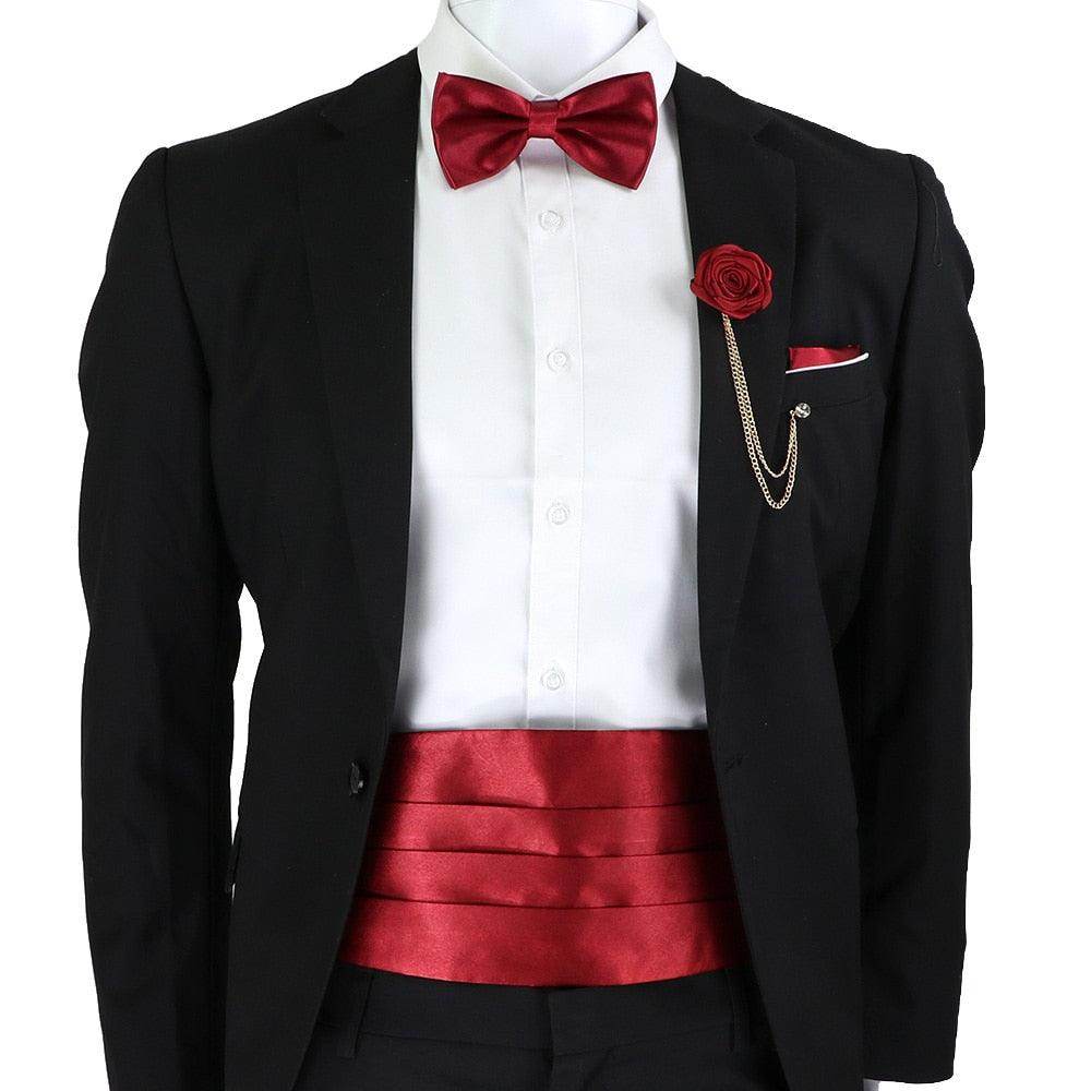 Mens Cummerbund Bow Tie Brooch Set Black Red Blue - VacationGrabs