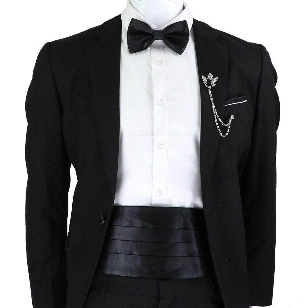 Mens Cummerbund Bow Tie Brooch Set Black Red Blue - VacationGrabs