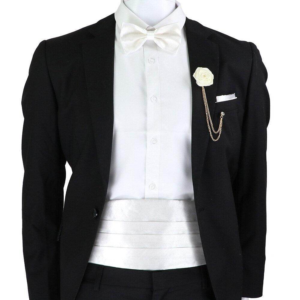 Mens Cummerbund Bow Tie Brooch Set Black Red Blue - VacationGrabs