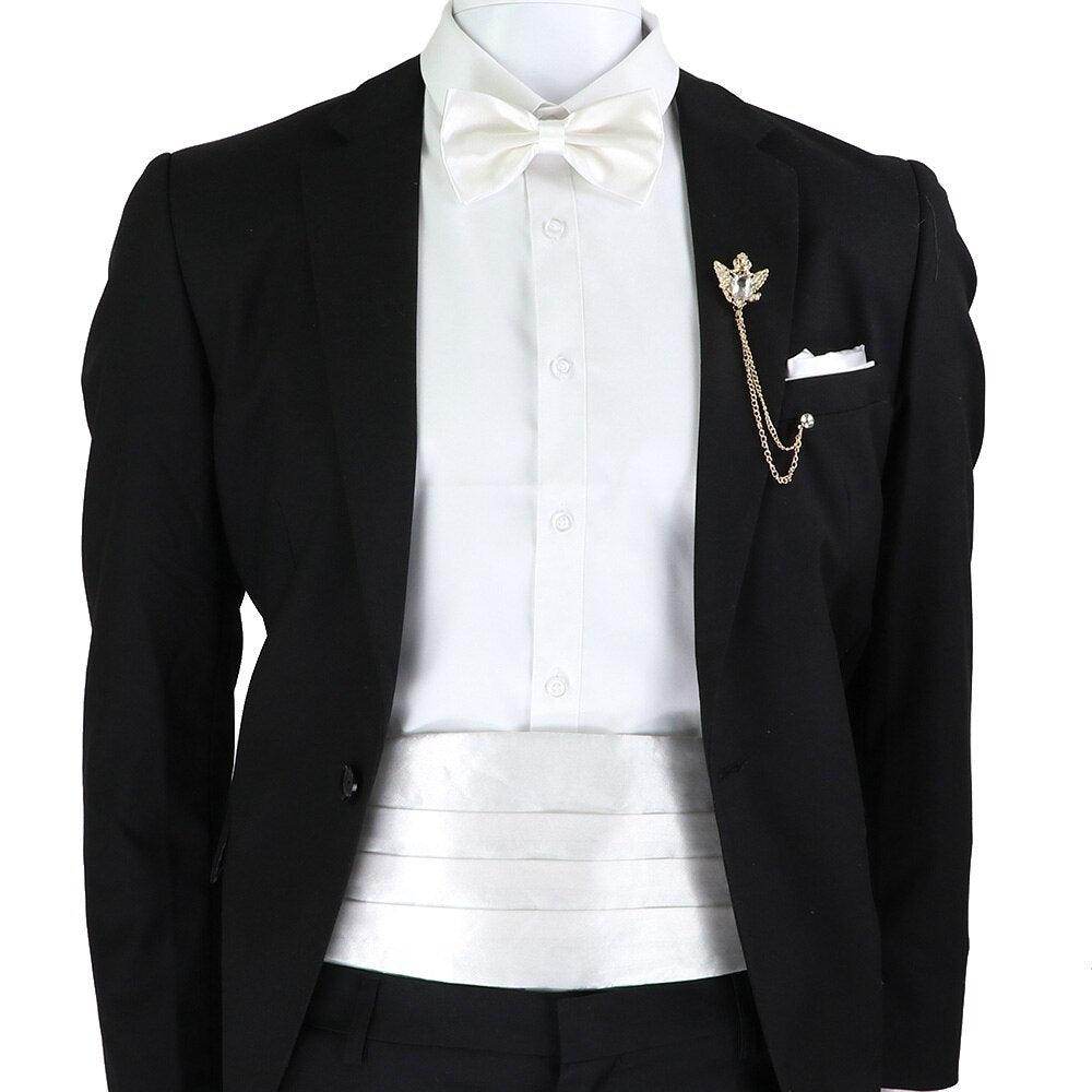 Mens Cummerbund Bow Tie Brooch Set Black Red Blue - VacationGrabs