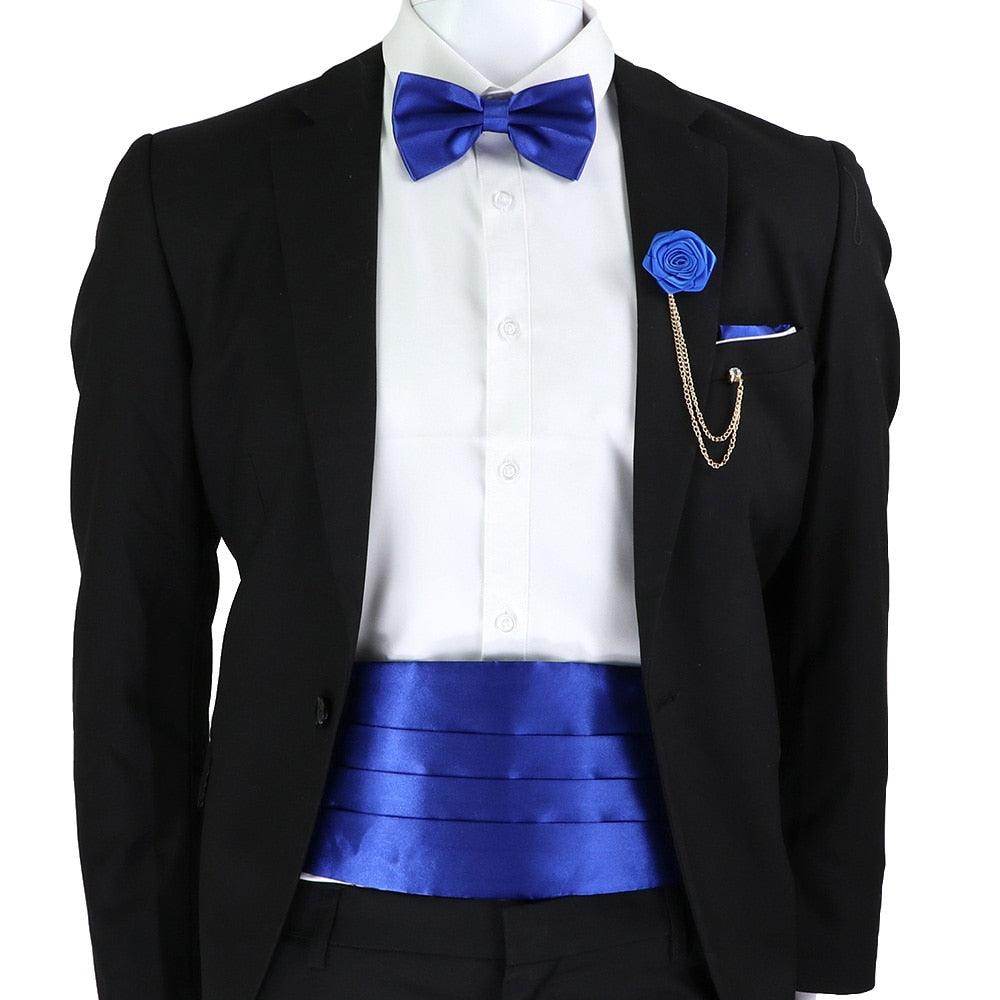 Mens Cummerbund Bow Tie Brooch Set Black Red Blue - VacationGrabs