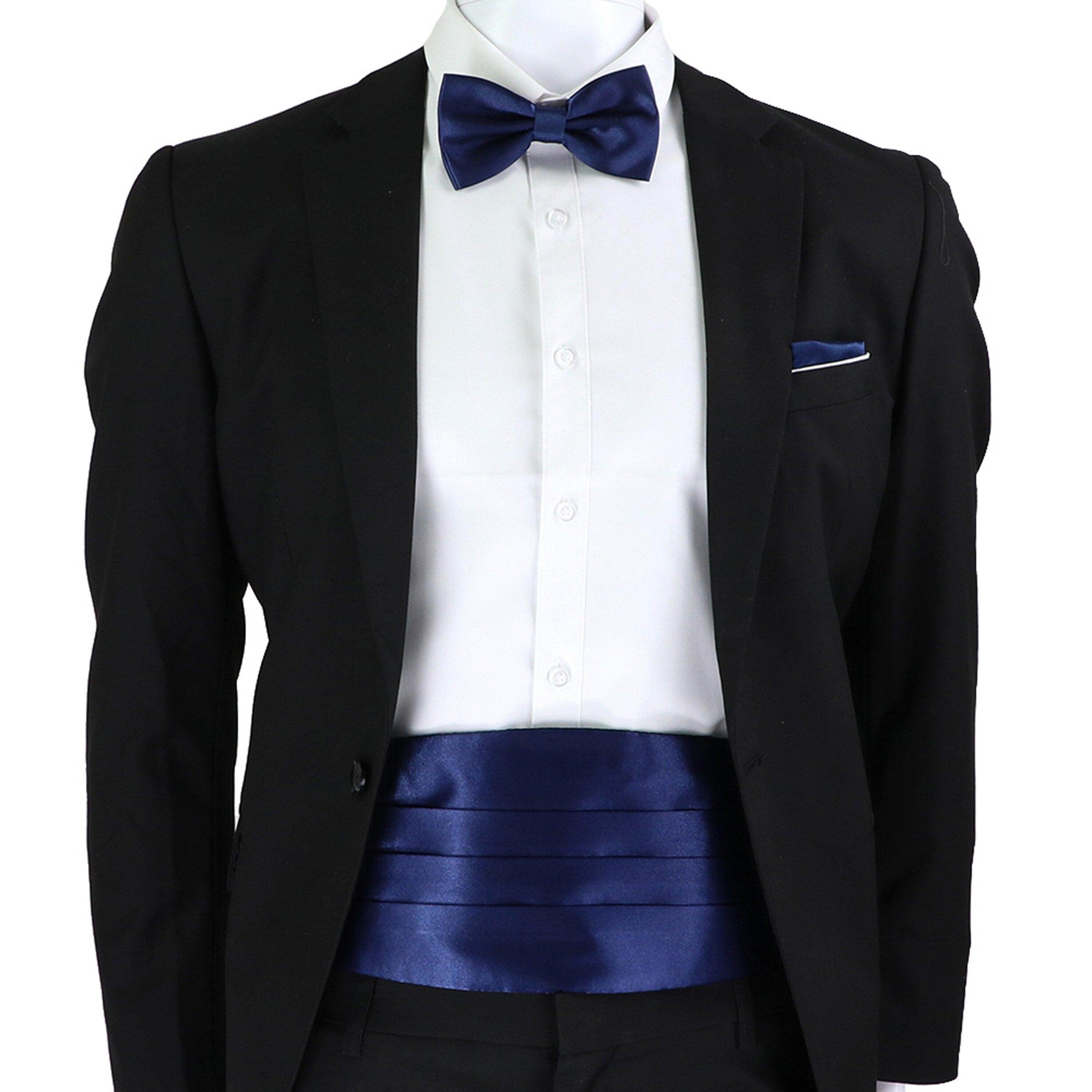 Mens Cummerbund Bow Tie Brooch Set Black Red Blue - VacationGrabs