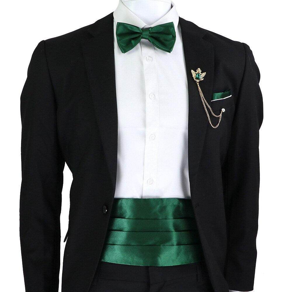 Mens Cummerbund Bow Tie Brooch Set Black Red Blue - VacationGrabs