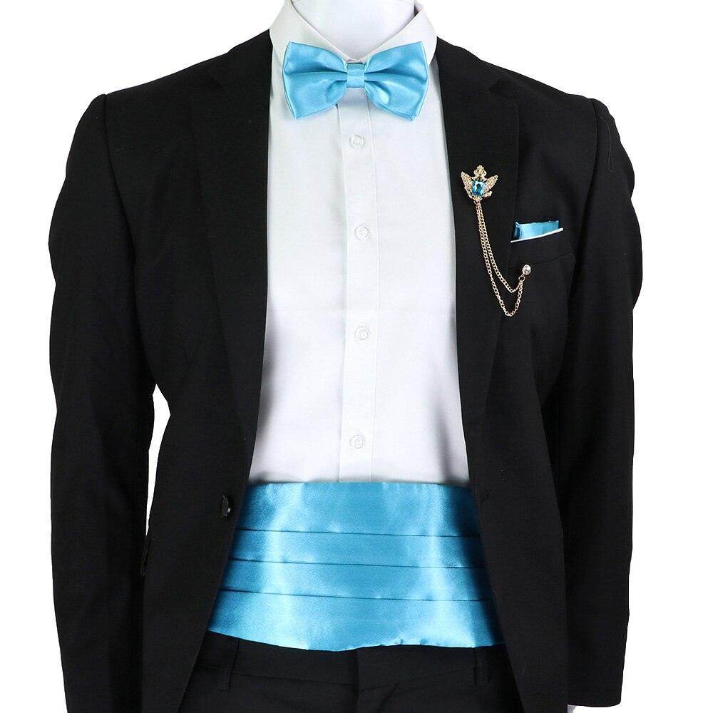 Mens Cummerbund Bow Tie Brooch Set Black Red Blue - VacationGrabs