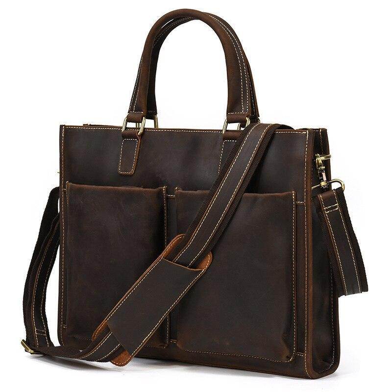 Brown mens double zipper briefcase with dual front pockets and adjustable shoulder strap