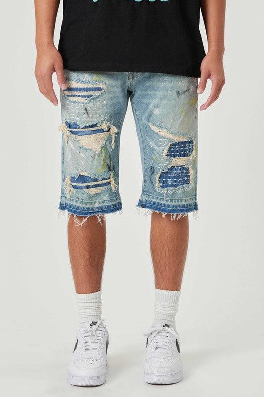 Men's Shorts Mens Fabric Patch And Boro Stitched Rip And Repair Shorts
