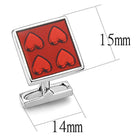 Red heart patterned men's fashion cufflinks in a square design, measuring 15mm by 14mm