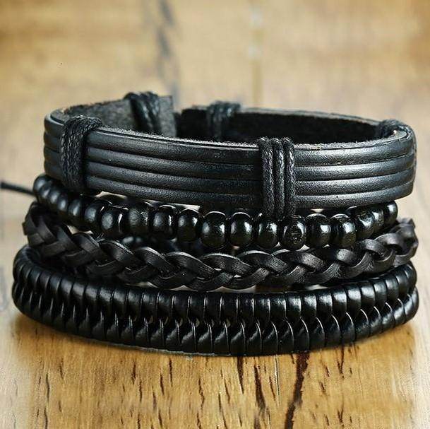 Stylish mens fashion wristband set featuring braided and beaded black designs for modern men