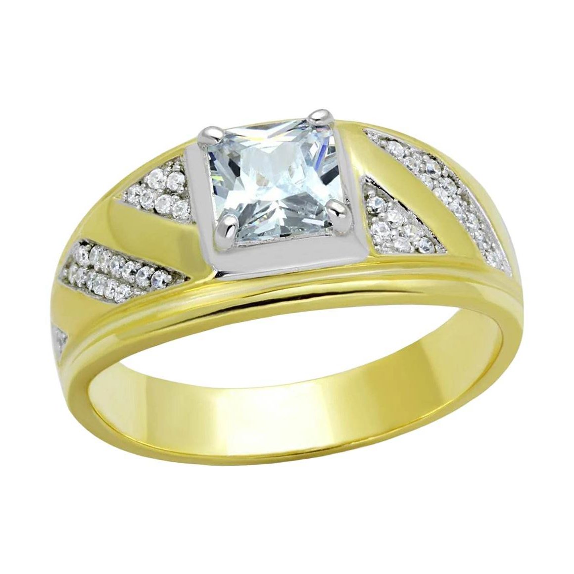 Men's gold and rhodium sterling silver ring featuring a sparkling center stone and diamond accents