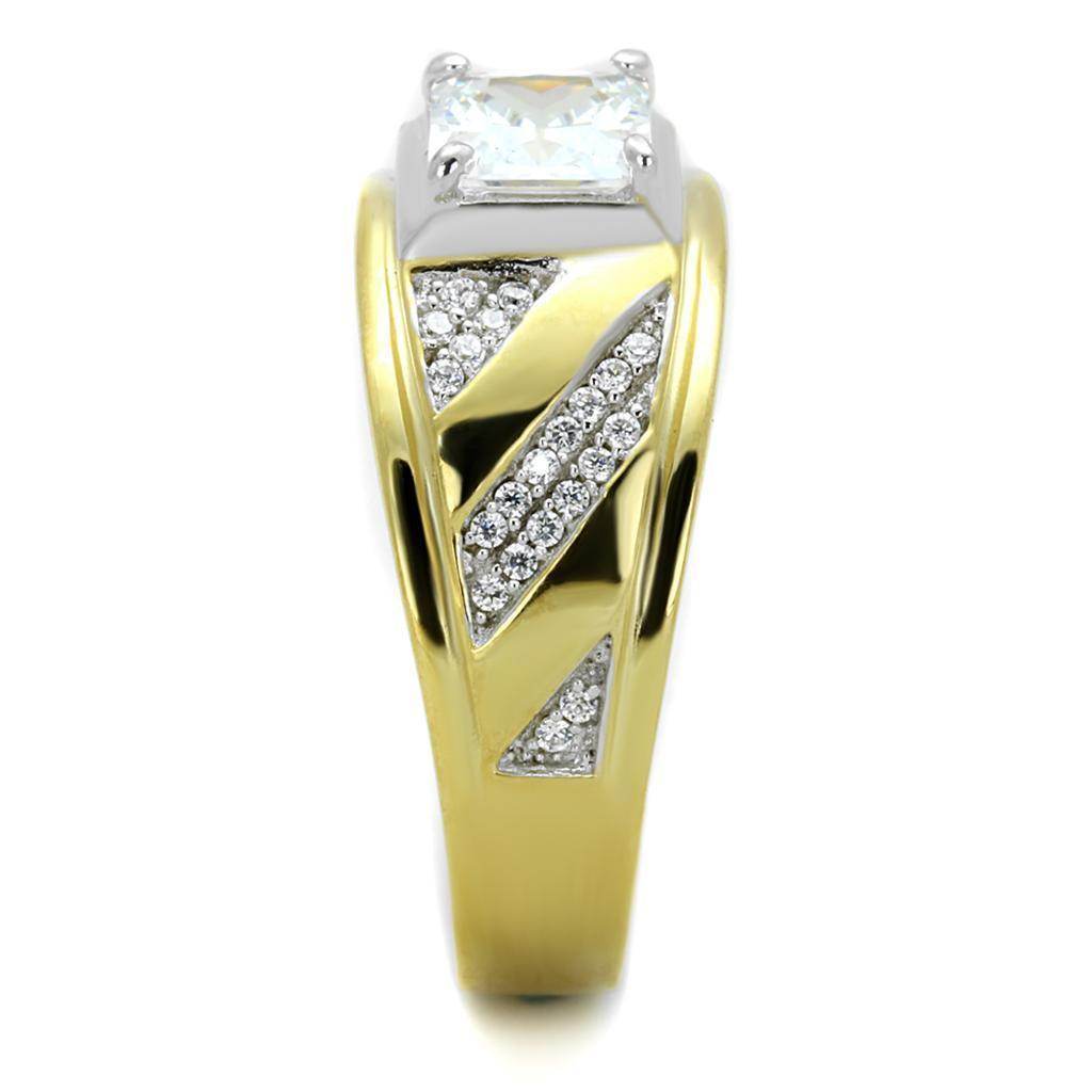 Men's gold and rhodium sterling silver ring featuring a dazzling center stone and sparkling accents