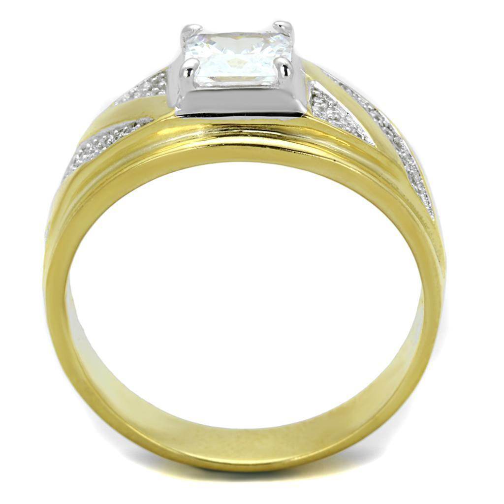 Men's gold and rhodium sterling silver ring with a dazzling center stone and elegant design