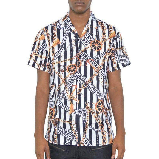 Mens Gold Chain Status Print Button Down Shirt - VacationGrabs
