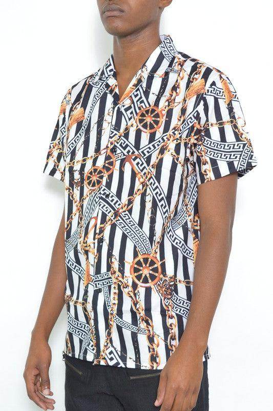 Mens Gold Chain Status Print Button Down Shirt - VacationGrabs