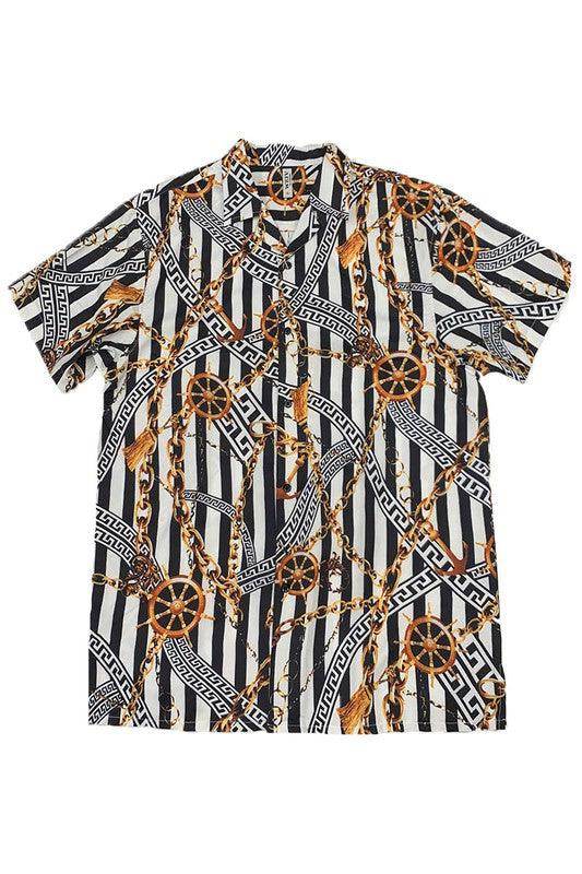 Mens Gold Chain Status Print Button Down Shirt - VacationGrabs