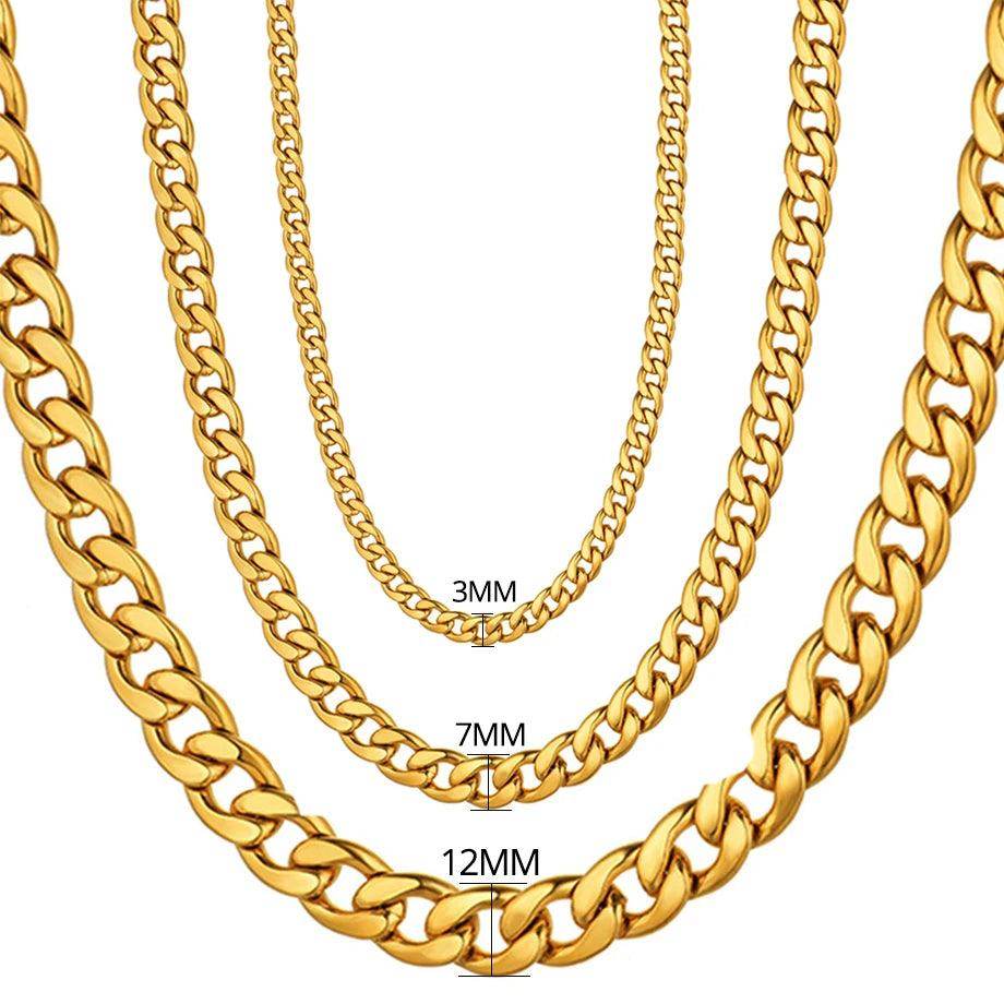 Collection of men's gold cuban link chains in various widths for stylish accessory choices
