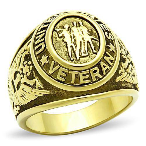 Men's gold stainless steel ring with veteran emblem and intricate detailing for military honor