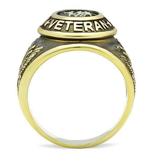 Men's gold stainless steel ring with engraved details and a bold design for veterans