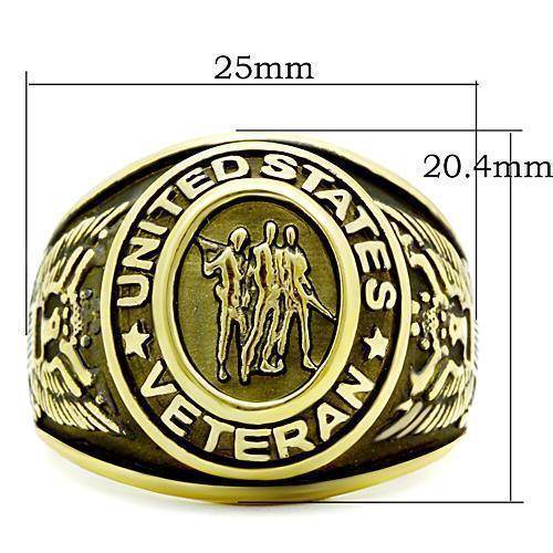 Men's gold stainless steel ring with United States Veteran emblem and detailed design