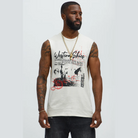 VacationGrabs mens graphic sleeveless shirt in white with Western Skies print and black jeans