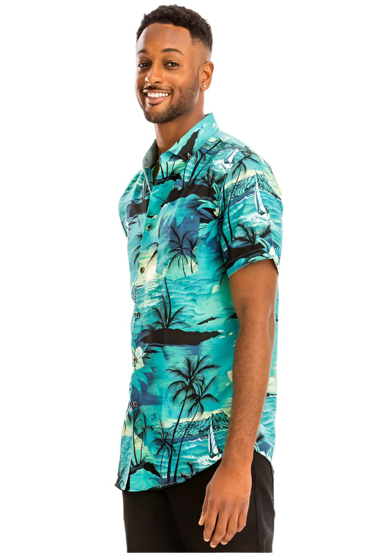 WEIV Mens Hawaiian Shirt Small featuring a vibrant tropical print with palm trees and beach scenery