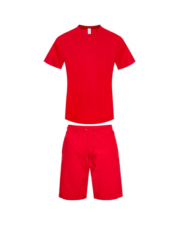 mens heavyweight jersey short set in bright red with a short sleeve t-shirt and matching drawstring shorts