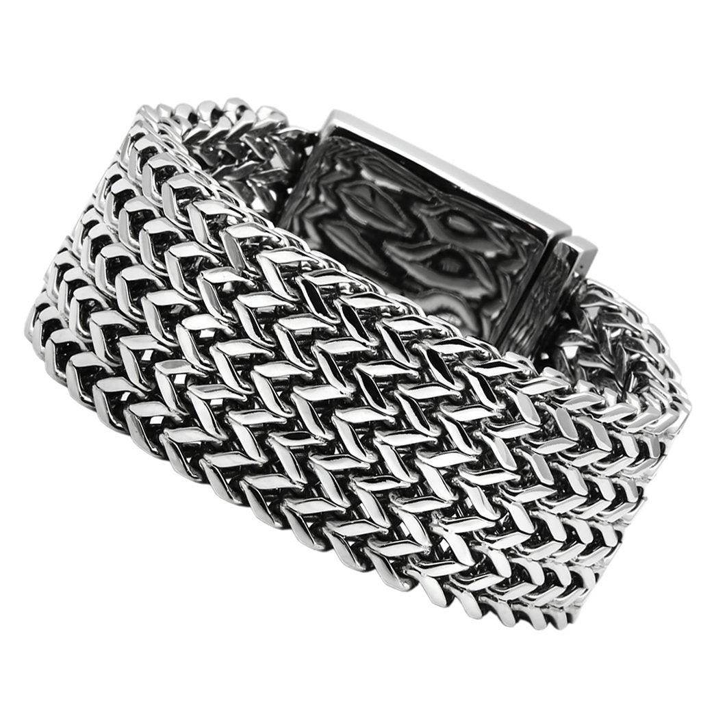 Men's high polished bracelet with a stylish interlocking chain design in silver tone