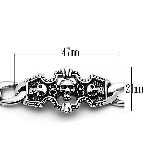 Detailed men's high polished bracelet featuring a skull design, measuring 47mm by 21mm