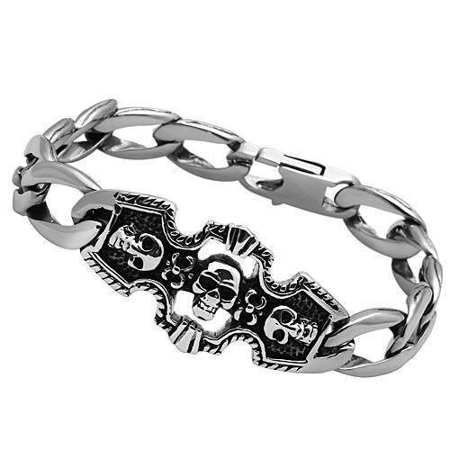 Men's high polished bracelet with skull designs and bold chain links for a unique style.