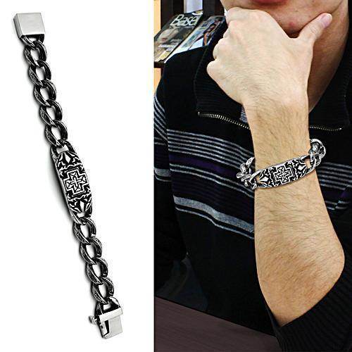 Men's high polished bracelet featuring a unique design on a stainless steel chain worn by a man