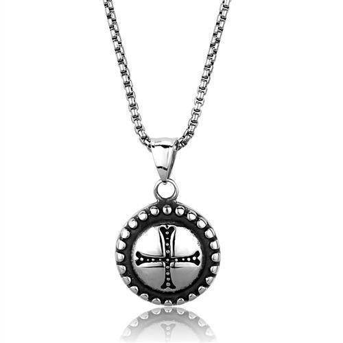 Men's high polished necklace featuring a round cross pendant with detailed beading.
