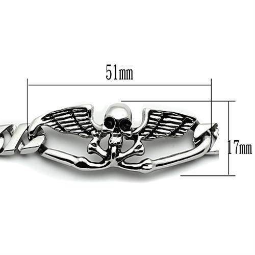 Men's high polished skull bracelet featuring winged skull design with precise measurements for style and fit